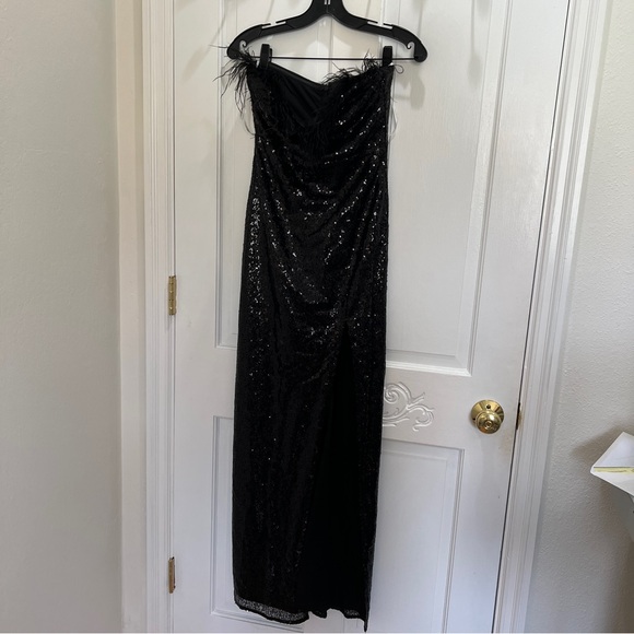 Lulus Total Head-Turner Black Sequin Feather Strapless Maxi Dress - Picture 4 of 7